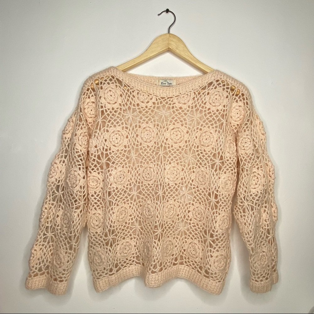 Vintage Peachy Pink Open Knit Flower Mohair Sweater Size M